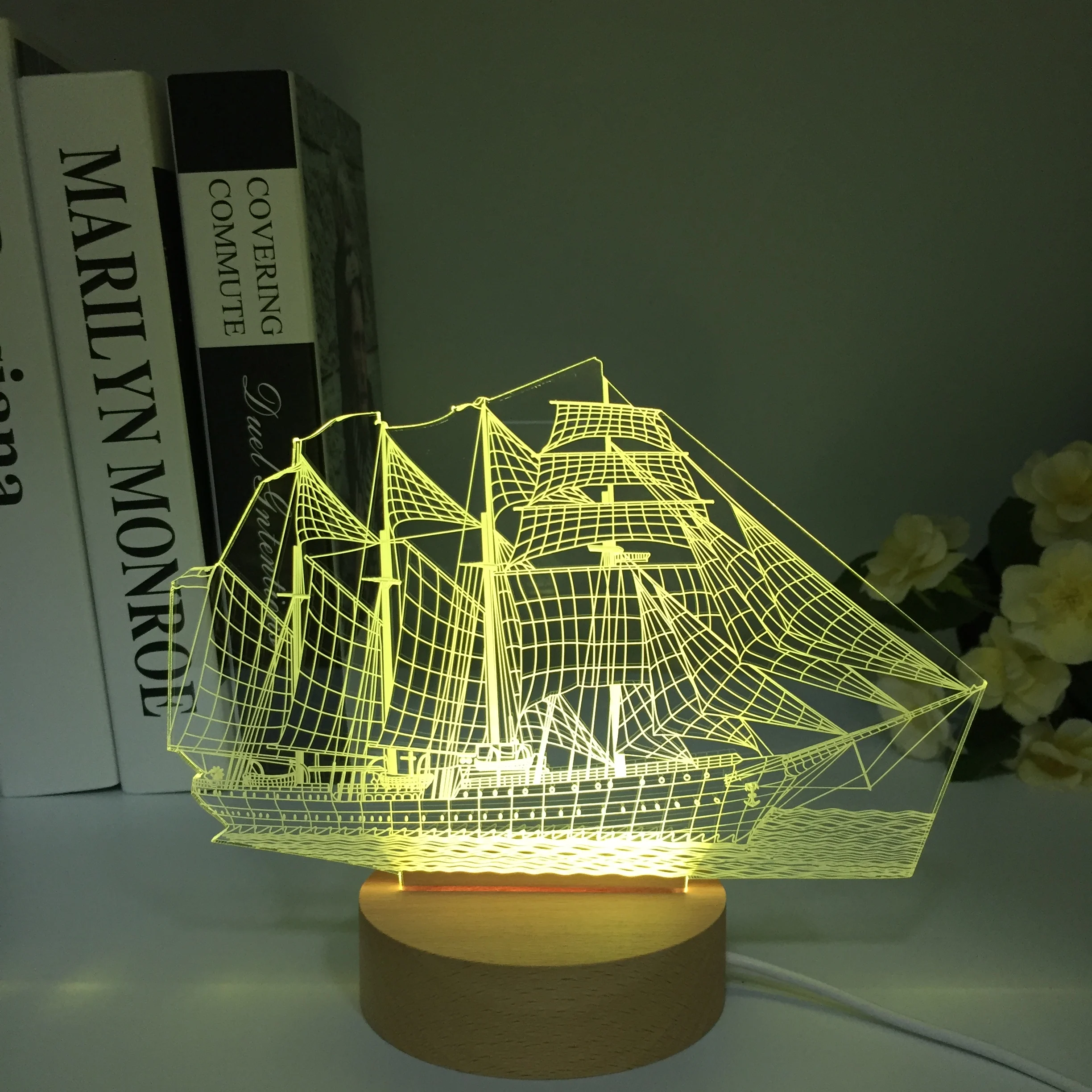 Wooden Sailing Boat Ship 3D Light 7 Colors Change Illusion Lamp for Home Cafe Decoration Night Light USB LED Table Desk Lamp