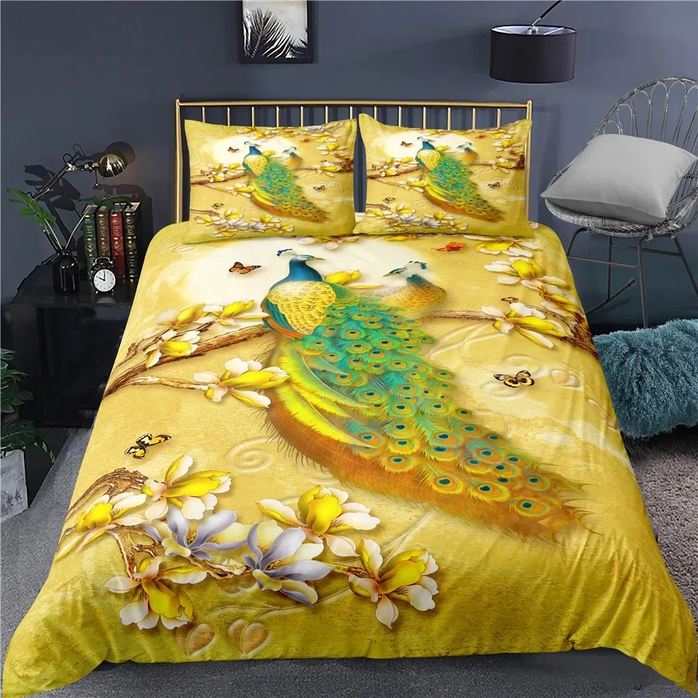 Peacock Duvet Cover Set KingQueen Size Green Peacock Golden Floral Pattern Soft Bedding Set Women Adults Polyester Quilt Cover