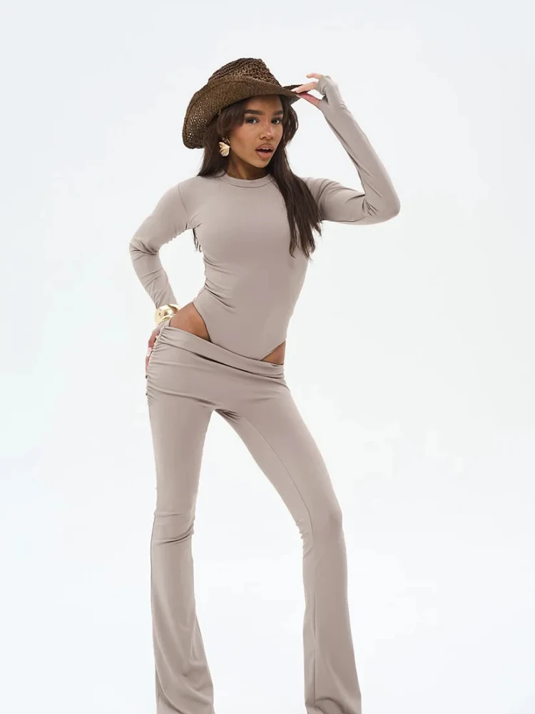 

Fashionable Personality Temperament Solid Round Neck Long sleeved Slim Jumpsuit Y2K Streetwear Classics Low Waist Long Pants Set