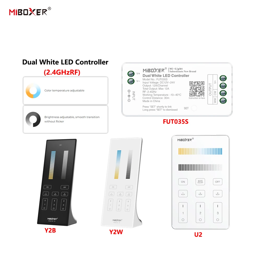 MiBoxer DC12~24V FUT035S+Y2 U3 3-Zone 2.4GHzRF Panel Remote Wireless Dual White 12A/Channel LED Controller For CCT COB/Led Strip