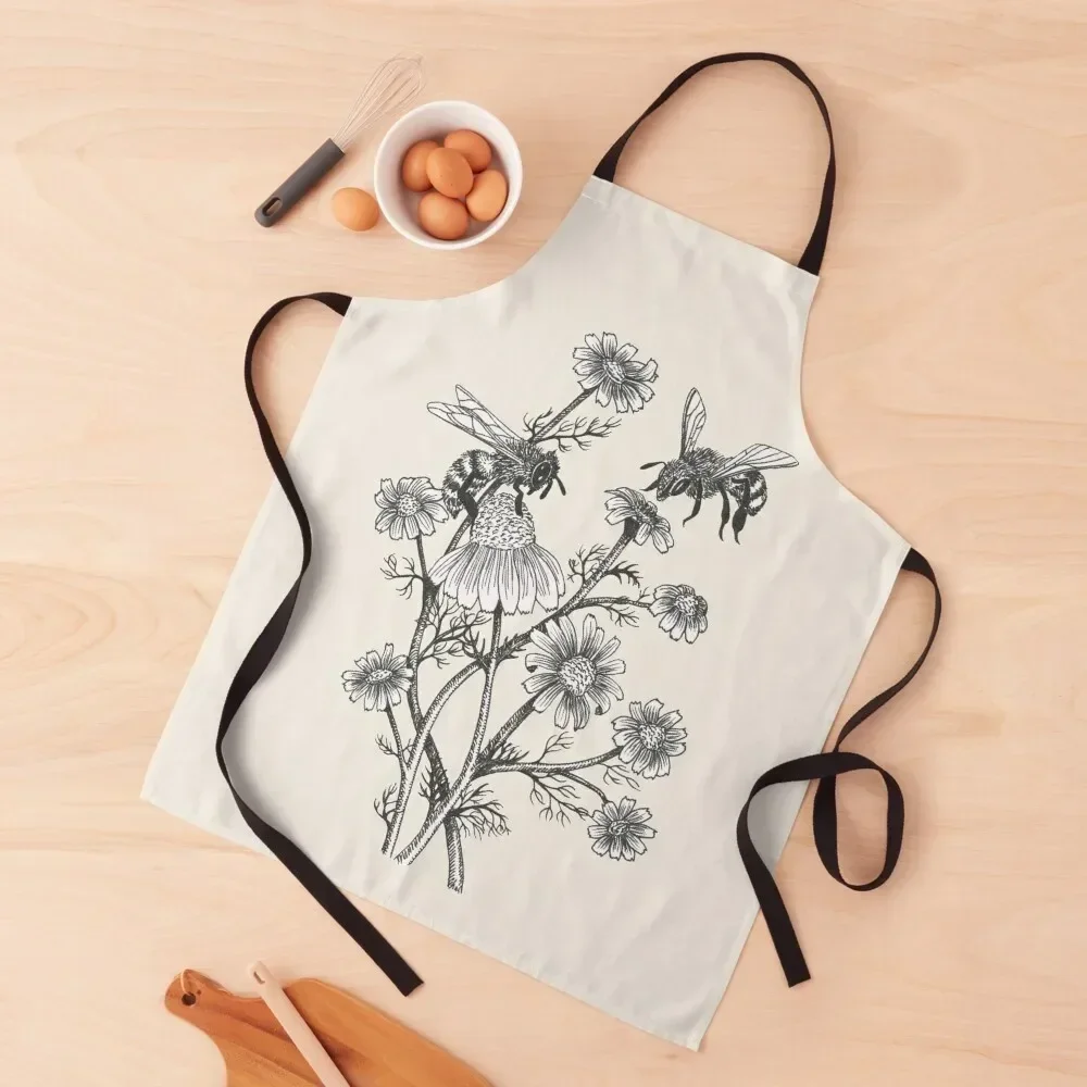 

bees and chamomile on offwhite background Apron Women's Home Clothes Waterproof Kitchen For Women Apron