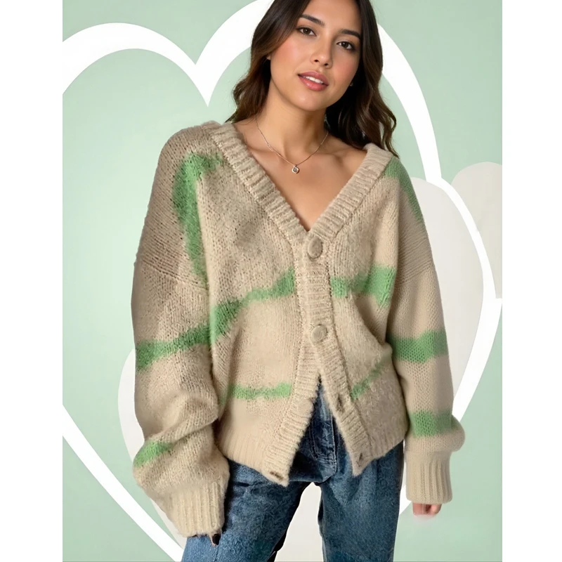 

Модный осенний элегантный женский полосатый кардиган, свитер в корейском стиле, вязаный топ с v-образным вырезом, повседневный свободный трикотаж с длинными рукавами