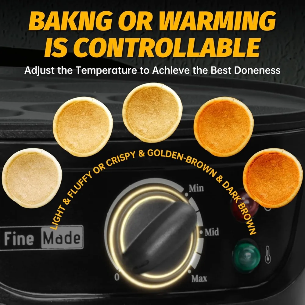 ماكينة صنع الفطائر غير اللاصقة، وعاء Poffertjes الكهربائي مع التحكم في الحواف، مع فرشاة وشوك، 14 فتحة، أسود