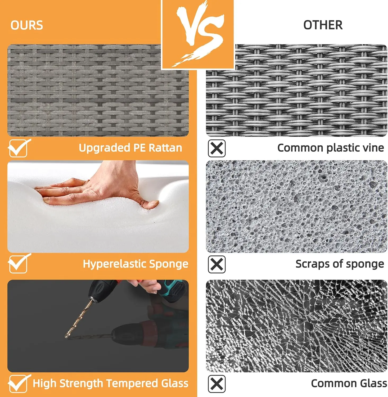 3-Piece Outdoor Patio Furniture Set with Glass Table and Cushions, All-Weather Wicker Rattan Sofa in Blue Grey