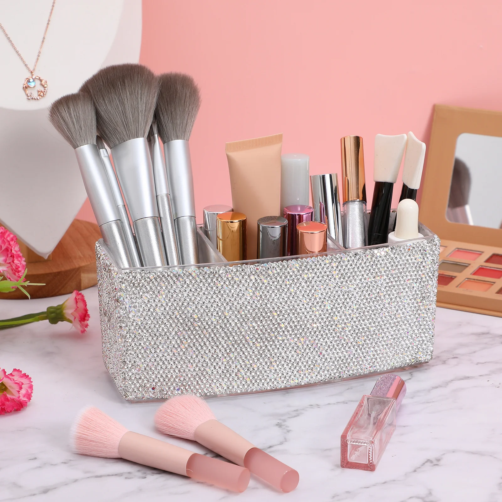

Luxury Bling Makeup Organizer 3 Compartments Rhinestone Vanity Storage Box Teen Girls Desk Holder Box with Compartments