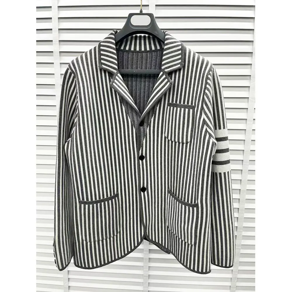 2023 TB Brand England Striped Jackets Women Men Lapel Knitted Suits Lady Patchwork Cardigans V-Neck Casual Coats Blazers Female