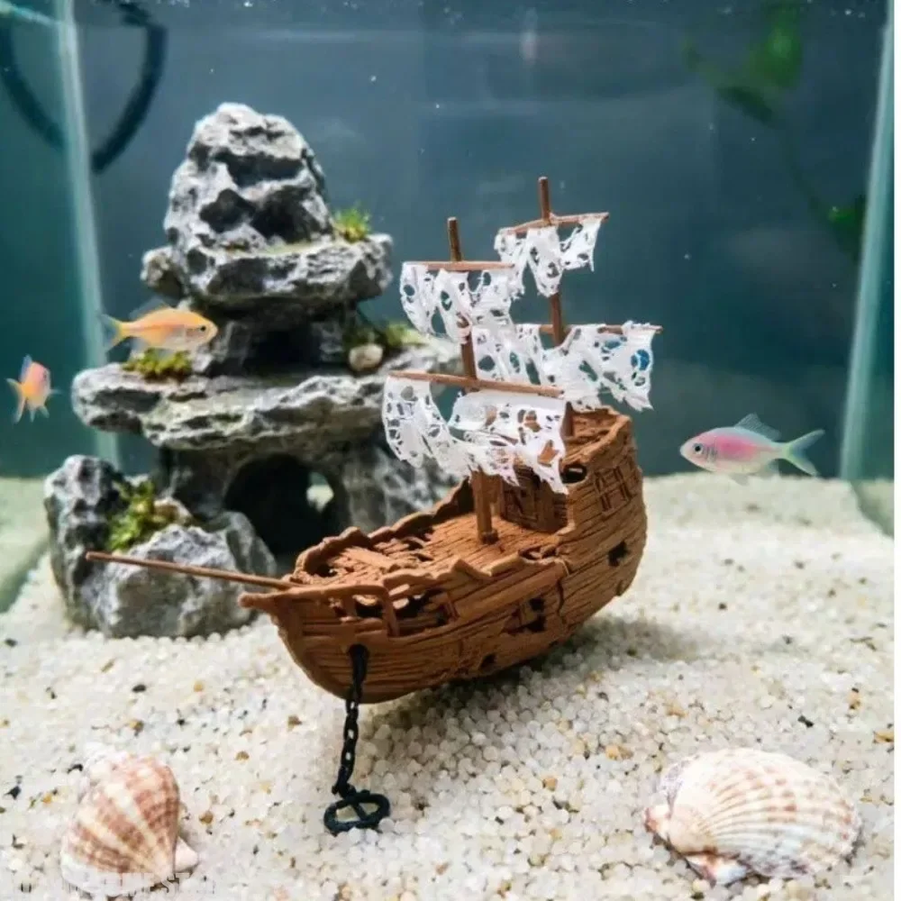 Fish Tank Landscaping Ghost Ship Ornament Aquarium Escape House 3D Simulation Retro Decor Home Model