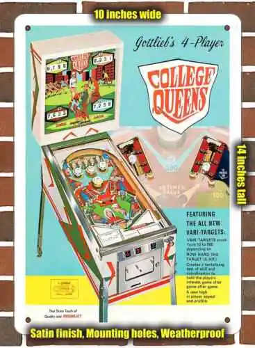 Металлический знак - Вывеска Gottlieb College Queens Pinball - 10x14 дюймов - жестяная вывеска