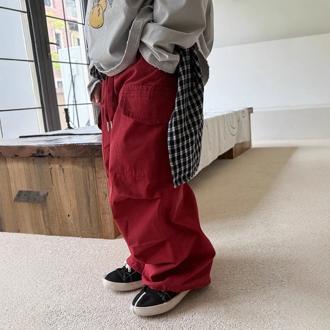 Kids American Fashion Oversized Cargo Pants Boys Girls Baggy Wide-Leg Trousers with Solid Color Floor-Length Design