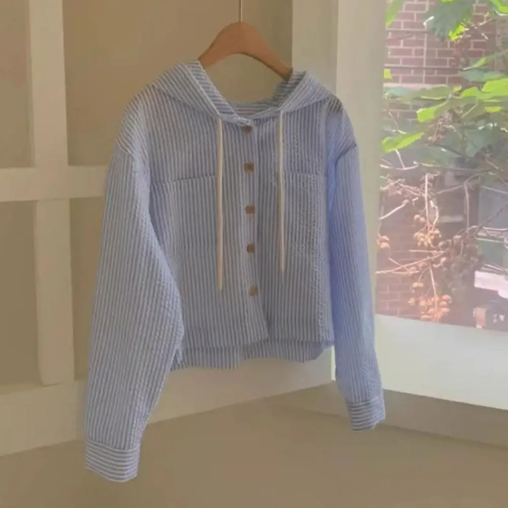Женский кардиган с защитой от ультрафиолета для женщин, полосатая рубашка на пуговицах с капюшоном на шнурке, кардиган с длинными рукавами для женщин