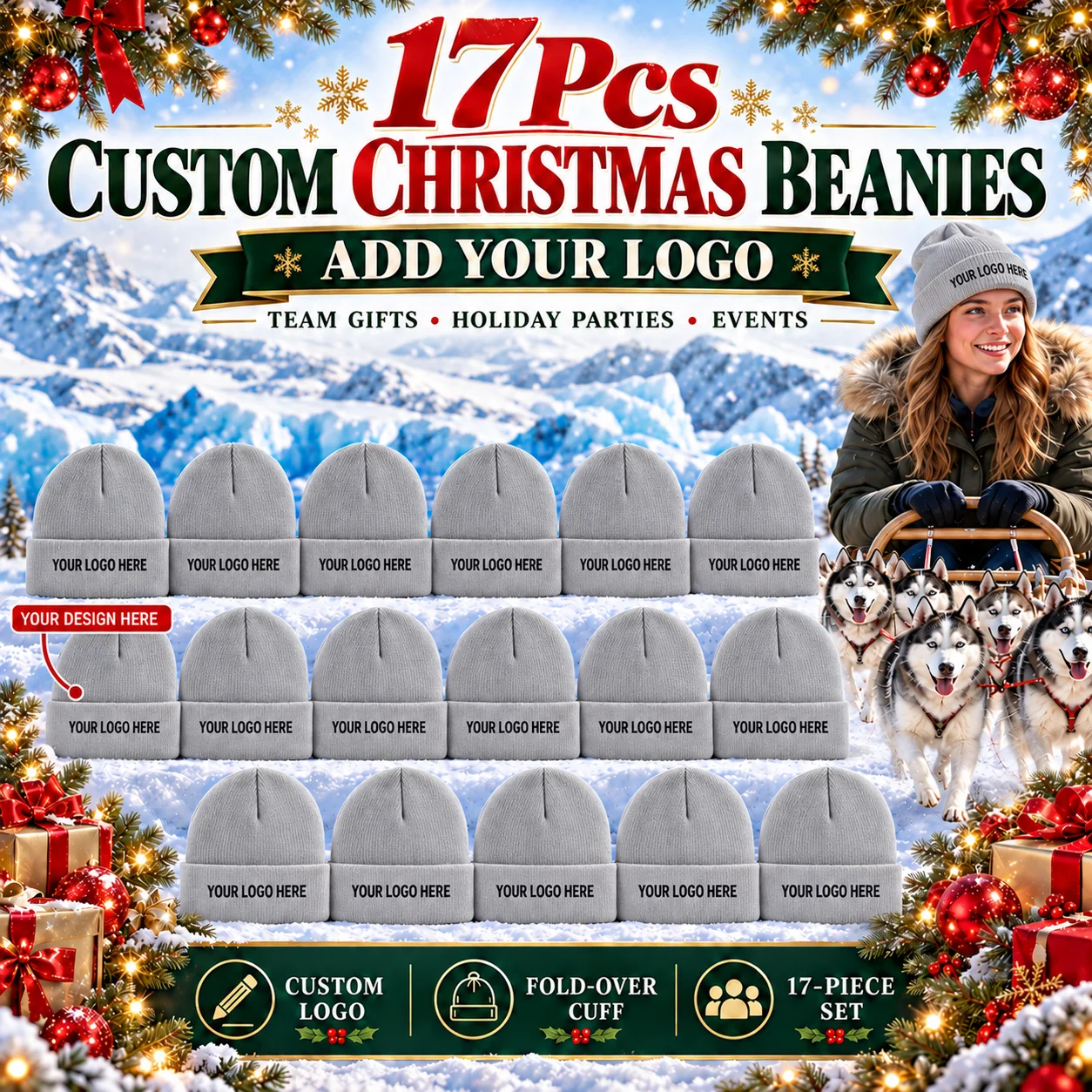 17pcs Custom-logo knitted beanies—unisex winter hats perfect for Christmas team events, corporate gifts, and holiday parties