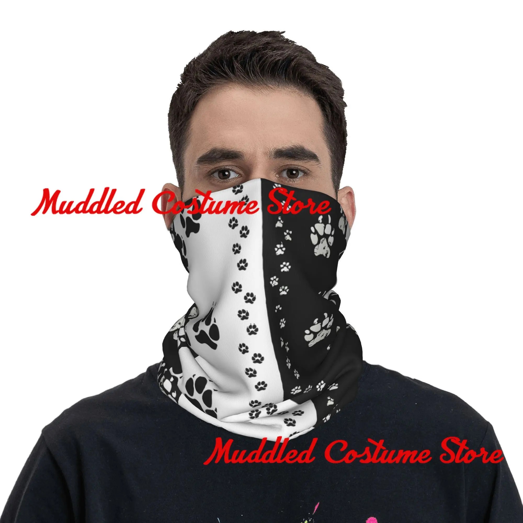 Zwart Wit Hond Pootafdruk Bandana Winter Nekwarmer Dames Winddichte Wrap Gezichtssjaal voor Wandelen Dierenbeenkap Hoofdband