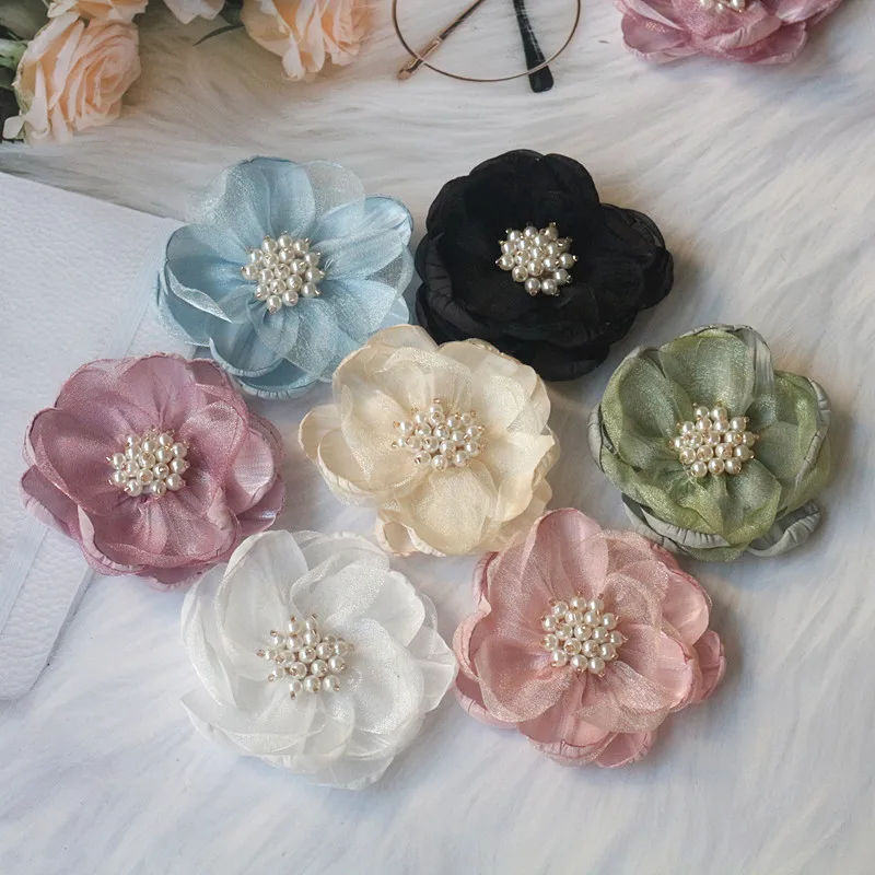 5PCS 7.5CM Chiffon Organza Fabric Rose Flower With Beads Center Wedding Dress Skirt Home Hat Decoration DIY Hair Accessories