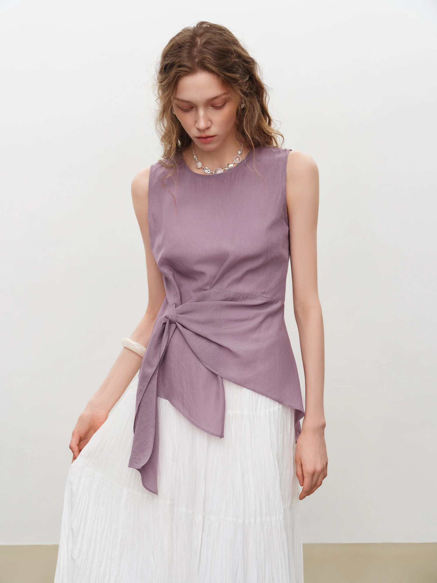 Asymmetric Waist-Cinching Sleeveless Blouse - Old Money Office Top