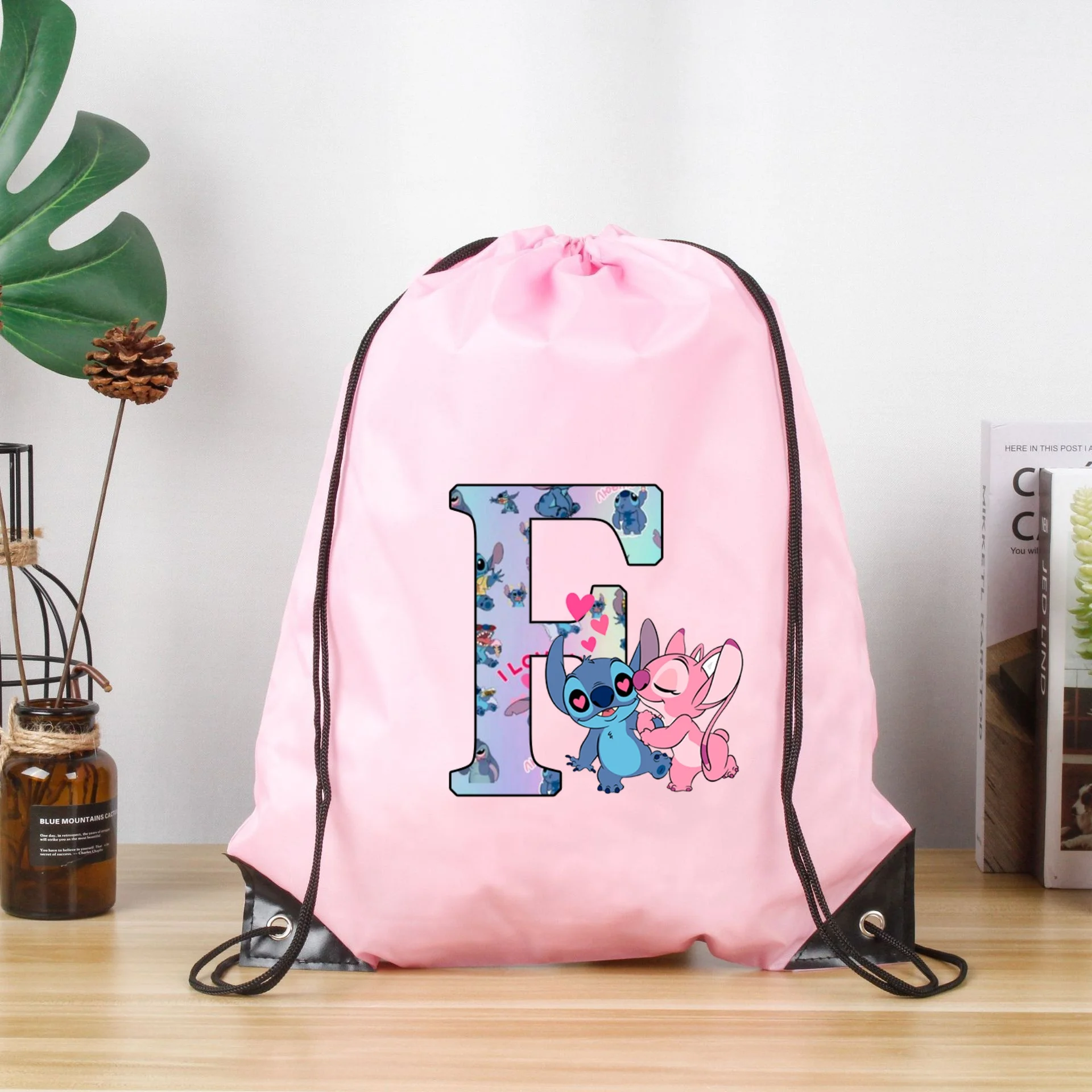 Disney Stitch Alphabet A-Z Drawstring Bag Sports Waterproof Backpack Gym Mochila Portable Polyester Organizer Birthday Gift