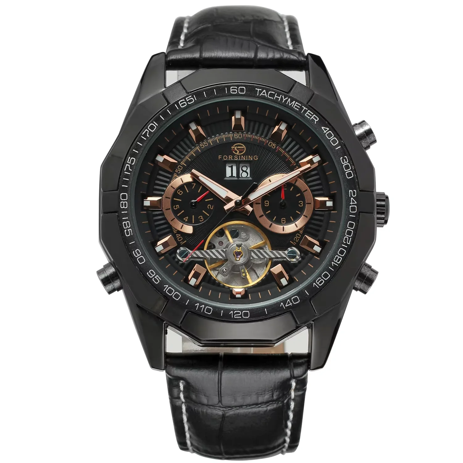 FORSINING Black watch Flywheel double ring pattern mechanical Watch Calendar Display belt wrist watch Men's and women's watches