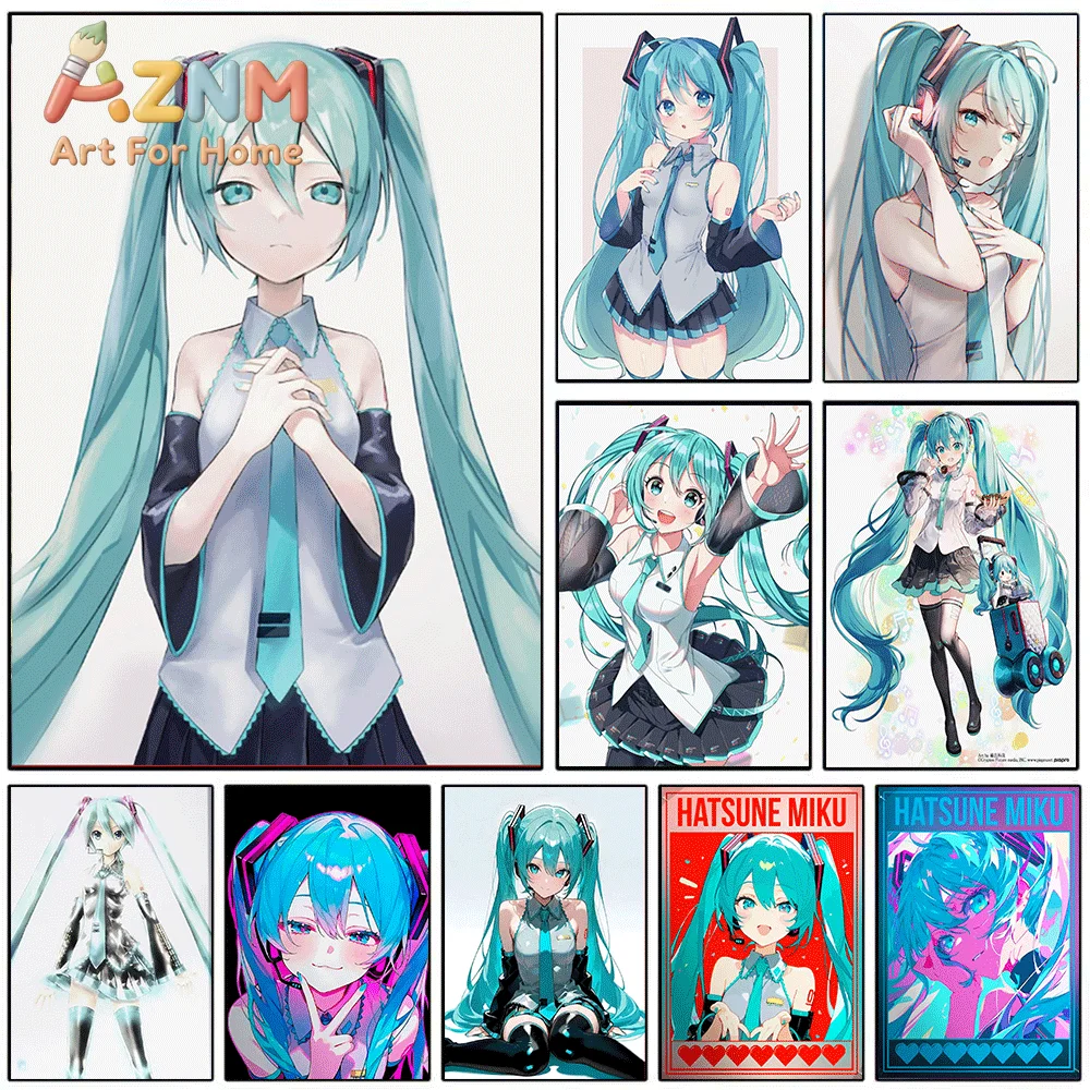 AZNM Hatsune Miku Simple Portrait Canvas Painting, Frameless Canvas Wall Art, Virtual Singer Anime Wall Painting for Bedroom L