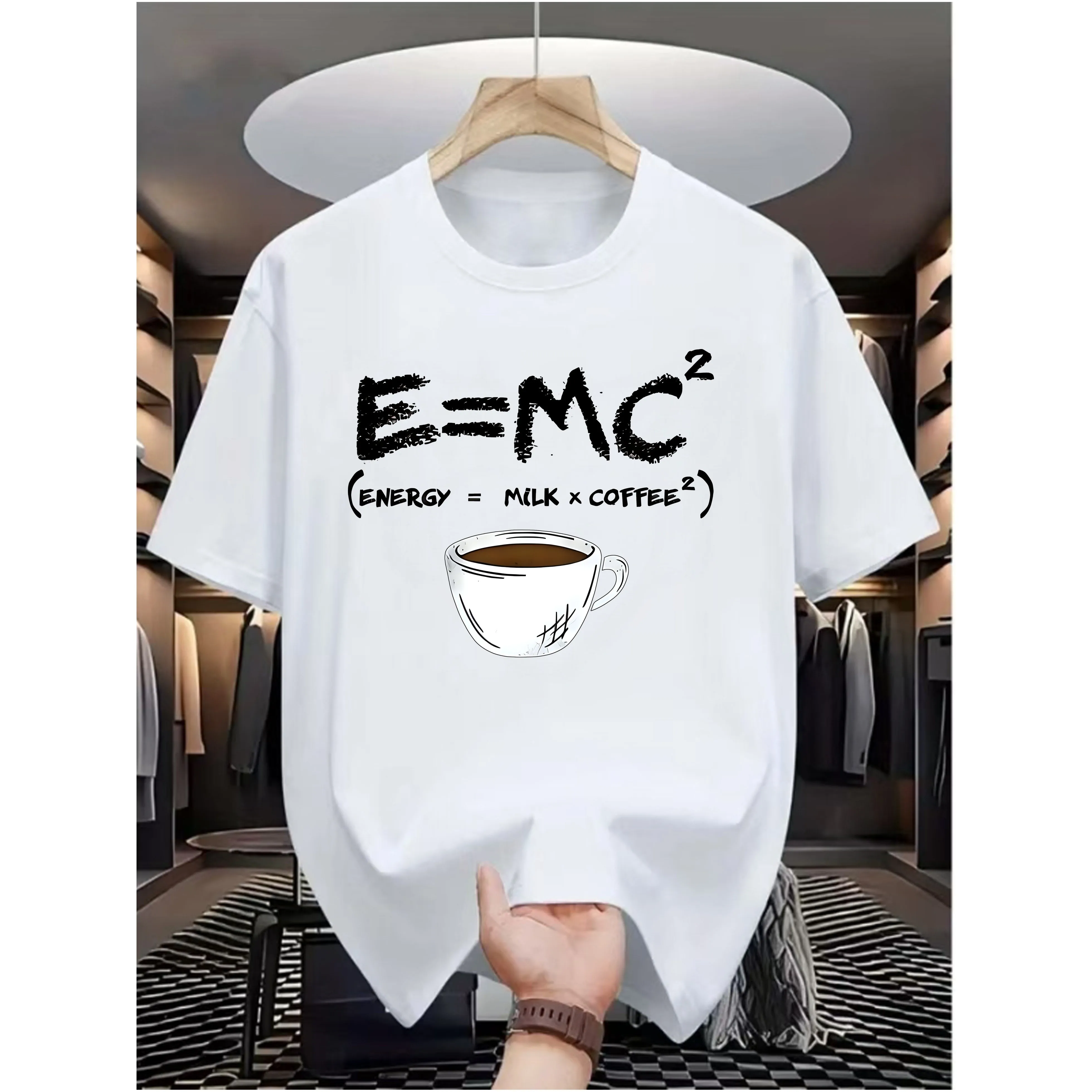 E=MC Squared Coffee Formula Graphic Print Men's Short Sleeve Cotton T-Shirt Casual Daily Tee