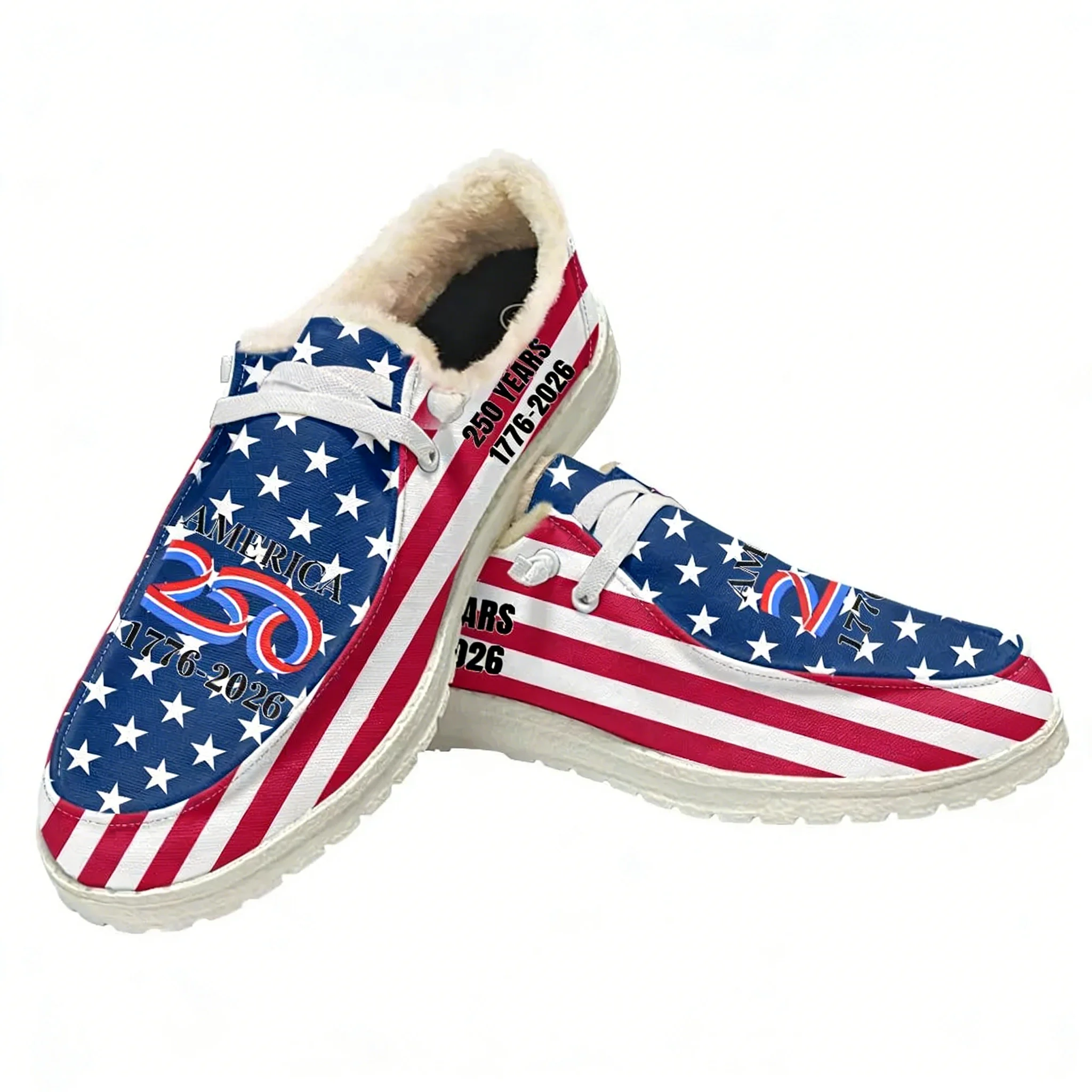 

Плюшевые лоферы к 250-летию Америки (1776-2026) для мужчин и женщин, повседневные, на плоской подошве, эластичные, теплые, легкие, белые, на заказ