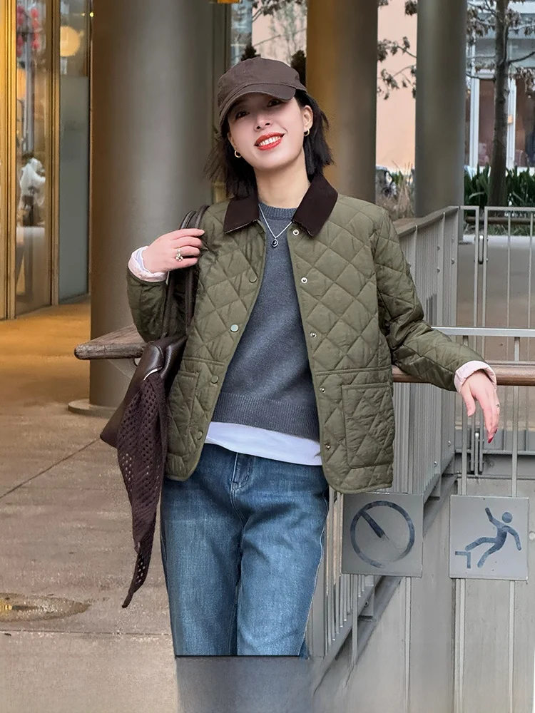 

Lightweight Quilted Cotton Jacket for Women Early Spring Vintage British Style Diamond Pattern Cotton Coat Ladies Fashion