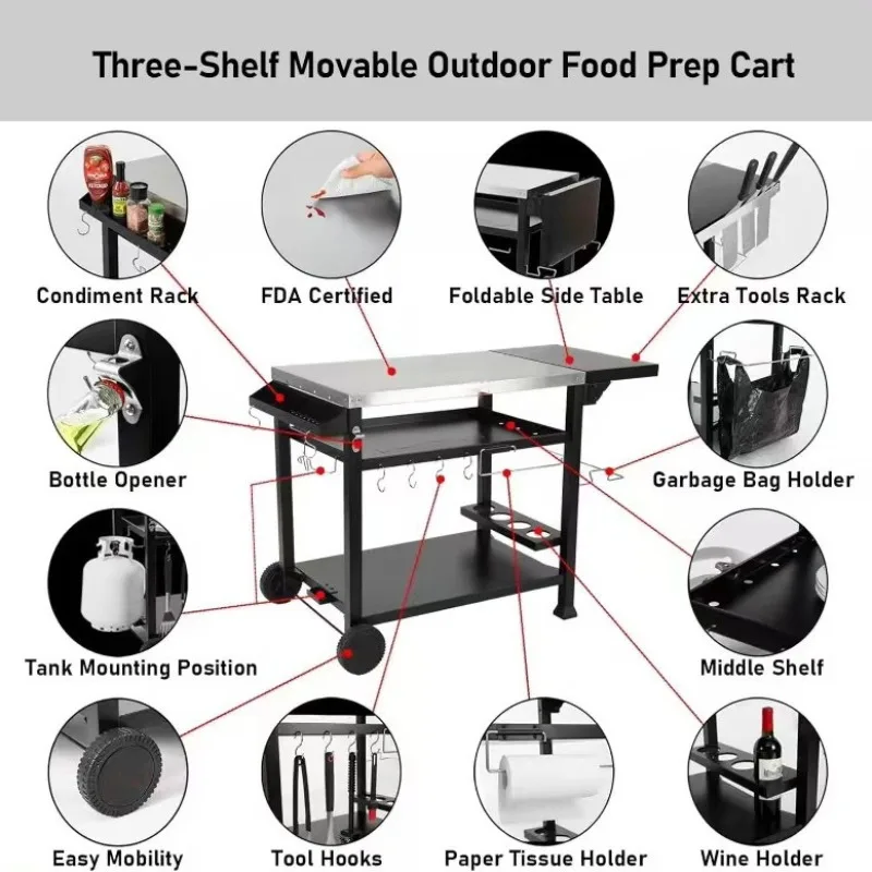 รถเข็นอาหารสแตนเลสมัลติฟังก์ชั่นรถเข็นบาร์บีคิวเตาอบพิซซ่ากลางแจ้งโต๊ะรับประทานอาหารพับได้