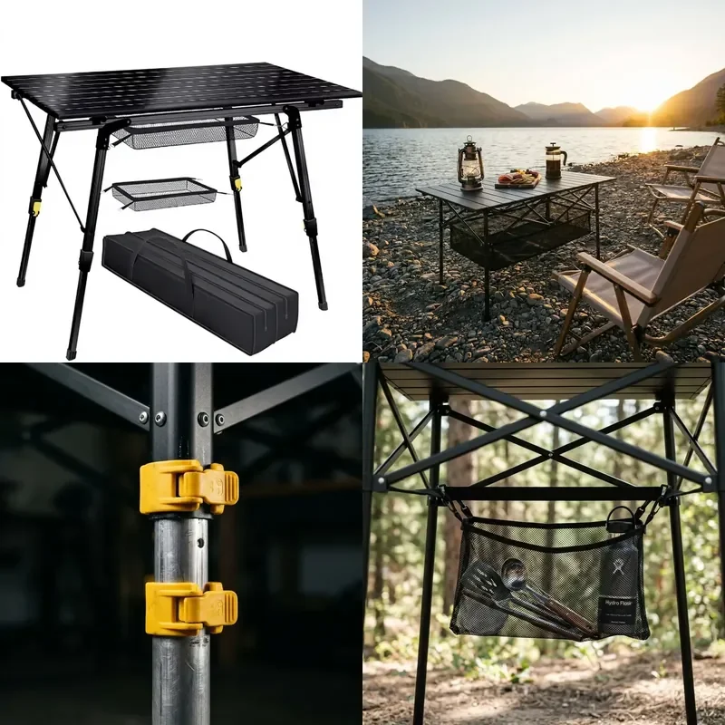 Portable Adjustable Height Folding Aluminum Camping Table with Mesh Storage Basket Roll Up Picnic Table for Outdoor