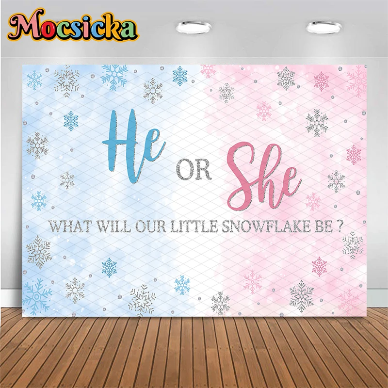 Mocsicka He Or She Gender Reveal Backdrop Pink Blue Watercolor Snowflake Winter Photography Background Baby Shower Party Banner