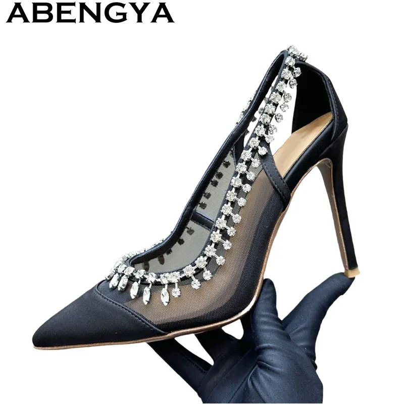 

ABENGYA Mesh Breathable High-heel Shoes Women Pointy Toe Crystal Pendant Designer Sandals Hollow Pumps Summer Dress Shoes Mujer