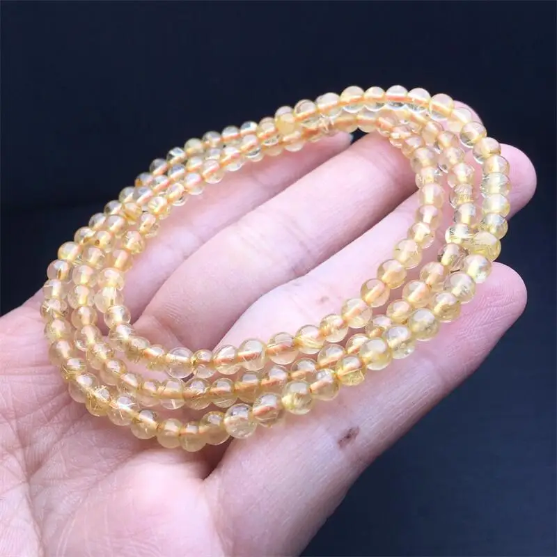 

4MM Natural Golden Rutilated Quartz Triple Circle Bracelet Women Healing Gemstone Crystal Strand Lovers Jewelry Gift 1PCS