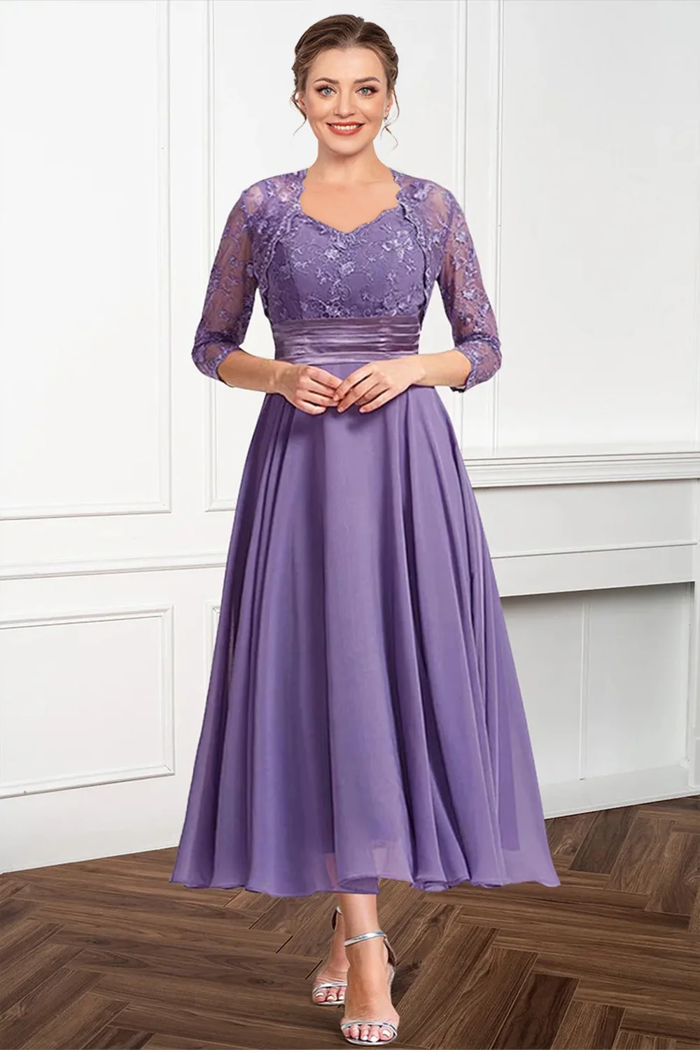 Flycurvy Plus Size Mother Of The Bride Purple Chiffon Lace Embroidery Two Pieces Tea-Length Dress With Jacket