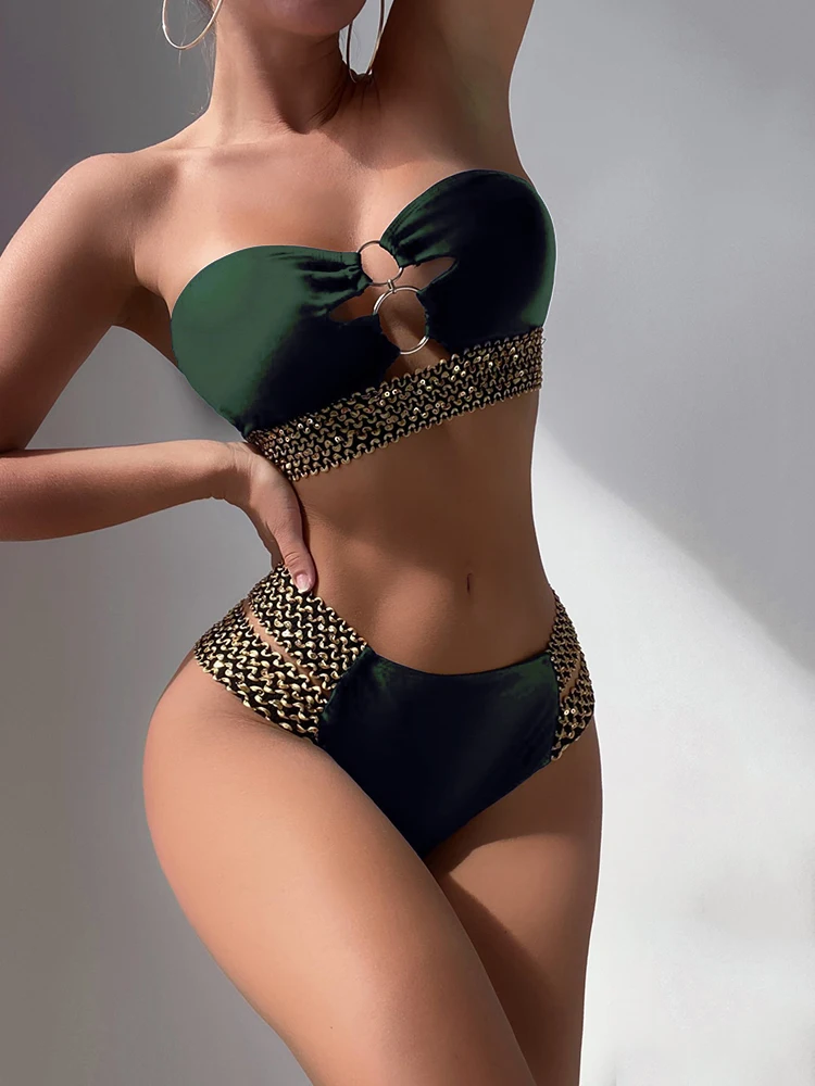 2024 Sexy Bikini Sets Swimsuit For Women Strapless Bandeau Swimwear Patchwork Swimsuit Female Hollow Out Bathing Suit Beachwear