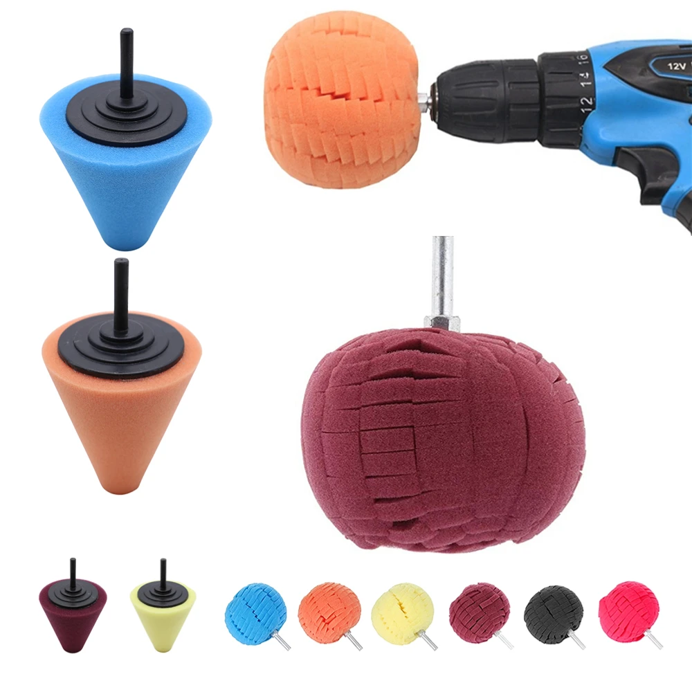 Car Hub Buffing Sponge Polishing Kit Used for Electric Drill Auto Wheel Polishing Sponge Burnishing Ball Polishing Cone Set