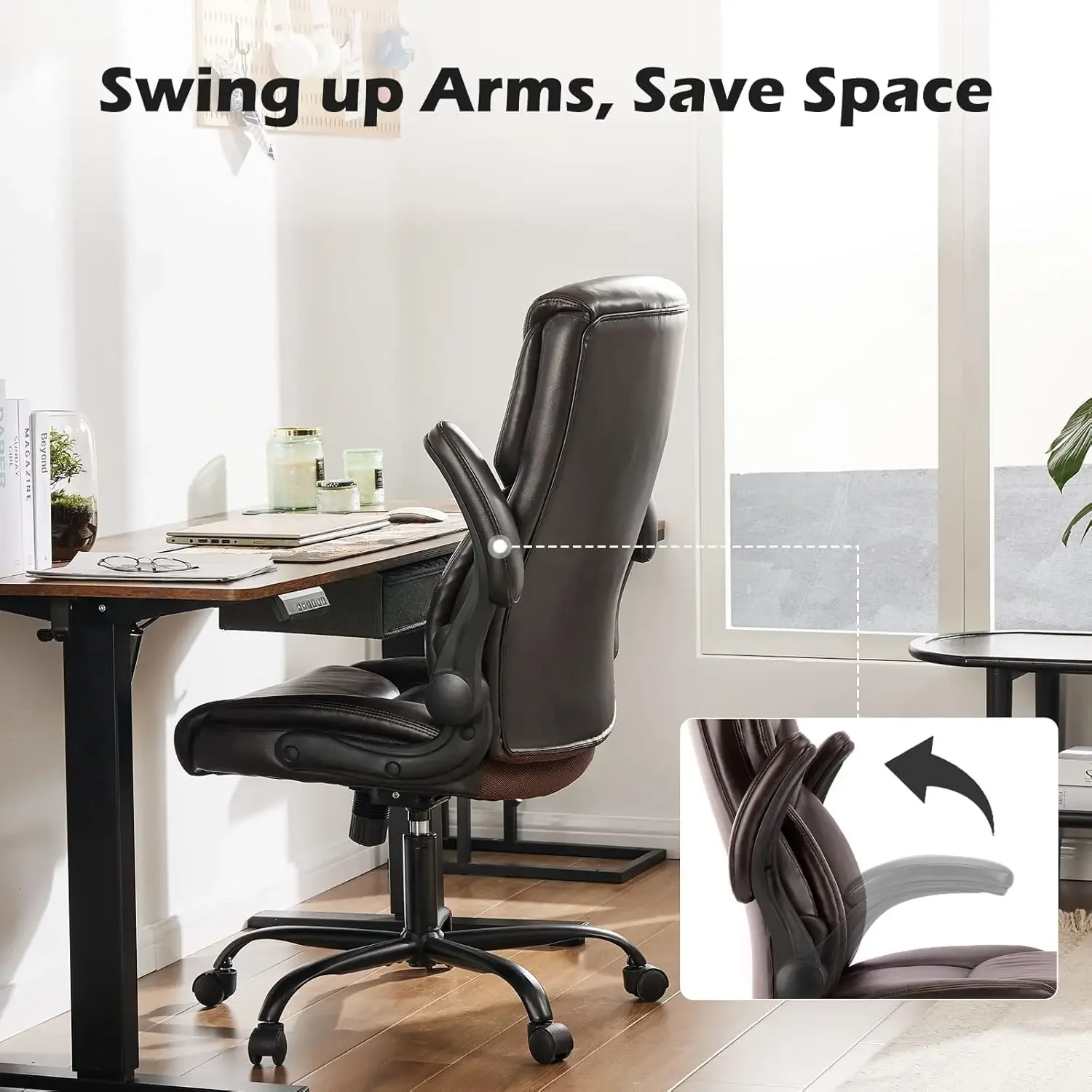 Ergonomic PU Leather Executive Office Chair, Swivel Computer Desk Chair with Lumbar Support Flip-up Arms Dark Brown