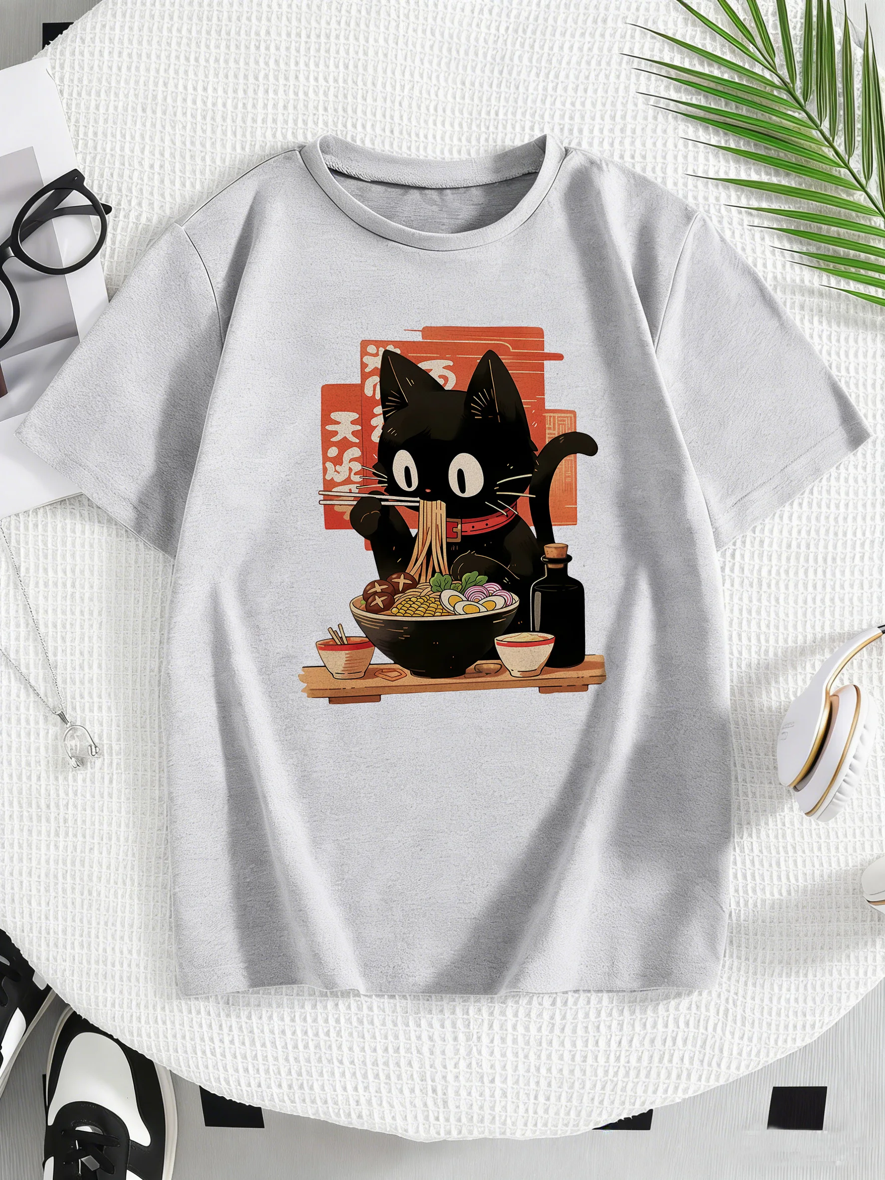 Cat Eat Ramen Kawaii Design Prined  T Shirts Manga Kids Children's T-shirt Boys Girls Summer Spring Casual Top Tee