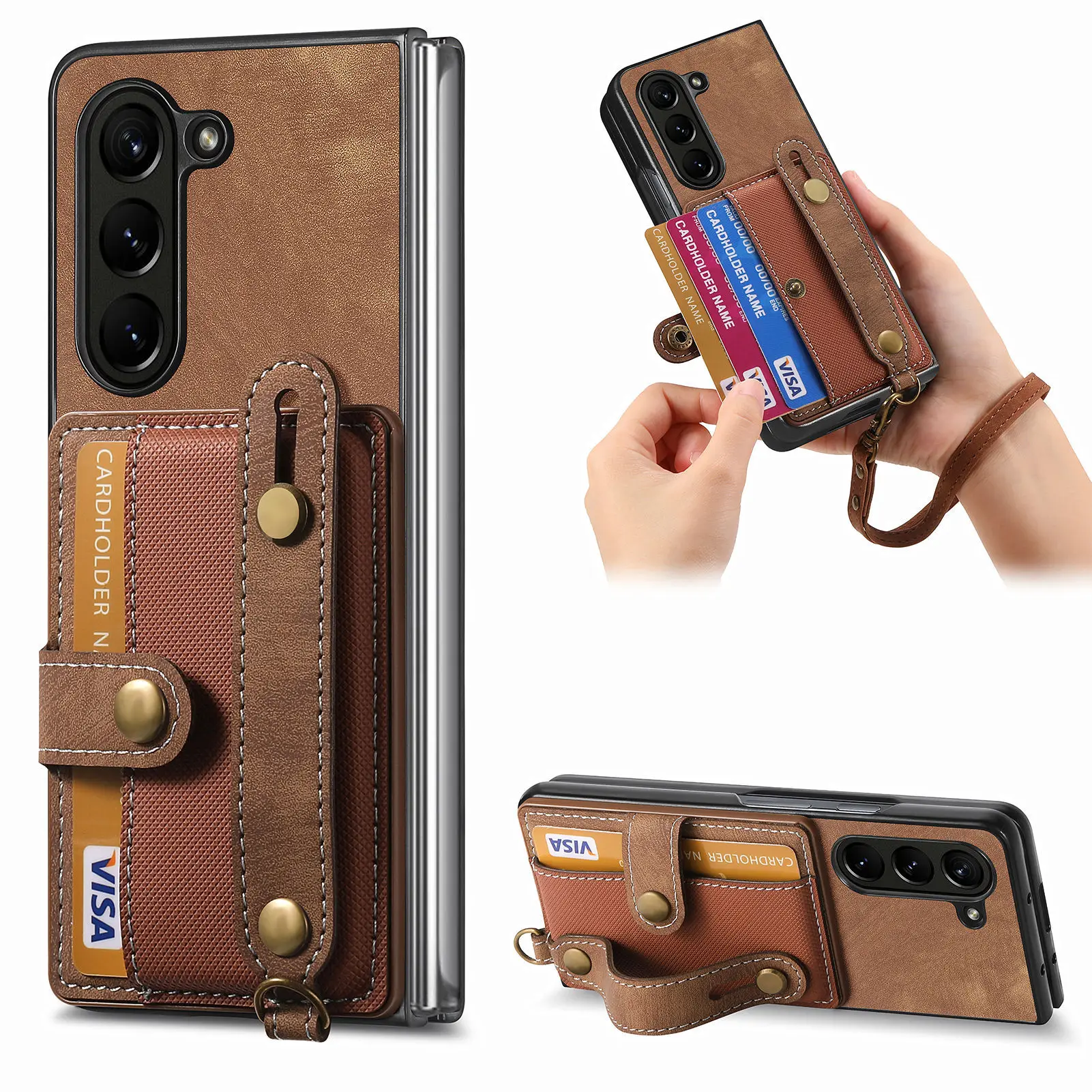 Case for Samsung Galaxy Z Fold 6 Leather Wristrap Wallet Cover Slim Stand Credit Card Holder Slot Shockproof Protective Case