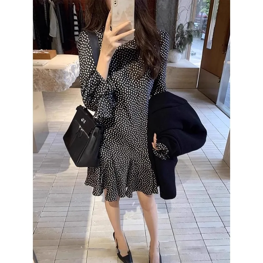 긴 소매 여성 드레스 이브닝 파티 봄 시폰 아플리케 리본 플라운스 허리 없는 미니멀리스트 스타일 플리츠 시크