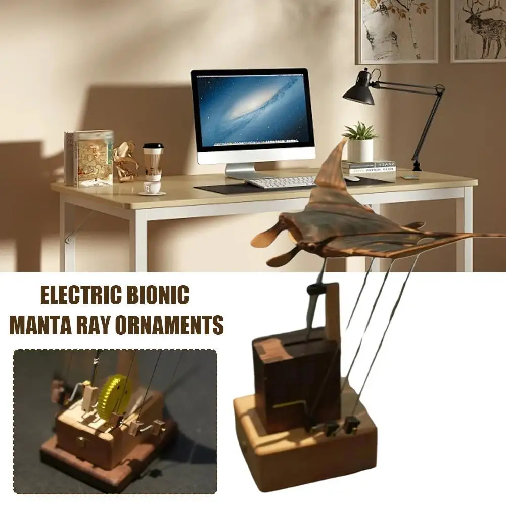 Handmade Wooden Motorized Manta Ray Figurine Bionic Swimming Combining Movement Stillness Electric Manta Ray Ornament Decoration