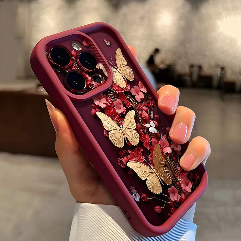 Vintage Red Floral Gold Butterfly Pattern Soft TPU Phone Case For iPhone 17 11 12 13 14 15 16 Pro Max XS X XR 7 8 Plus 16 Cover