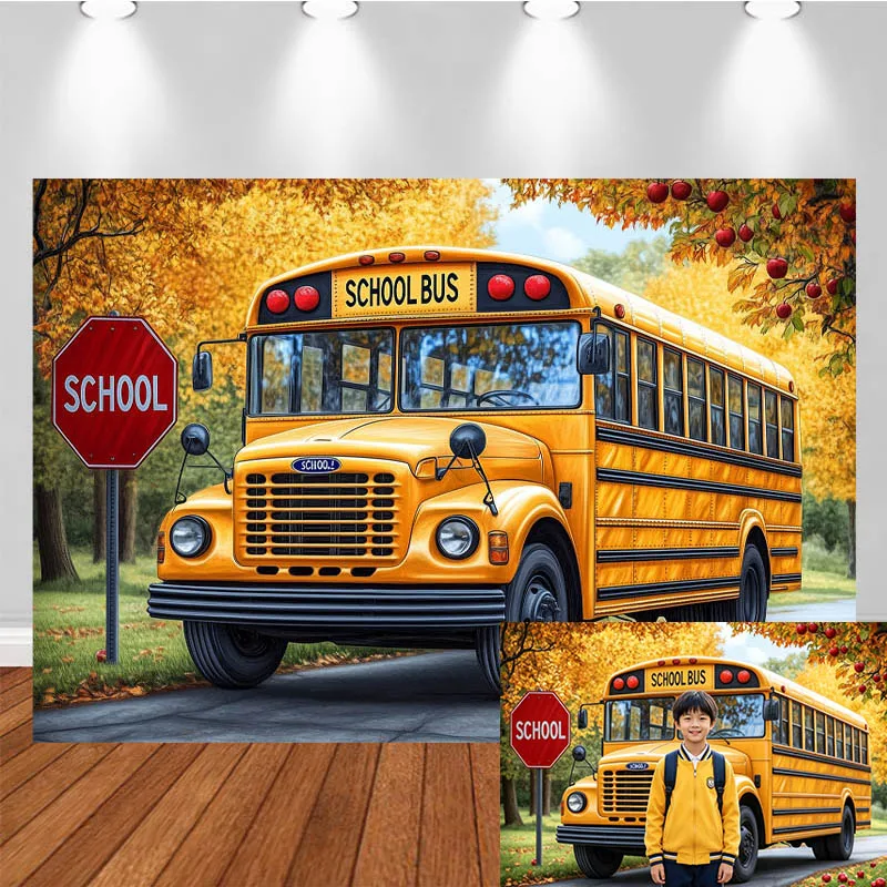 

LS School Themed Photography Backdrop School Bus Road Apple Tree Decorations Party Kids Adult Portrait Photo Background Studio