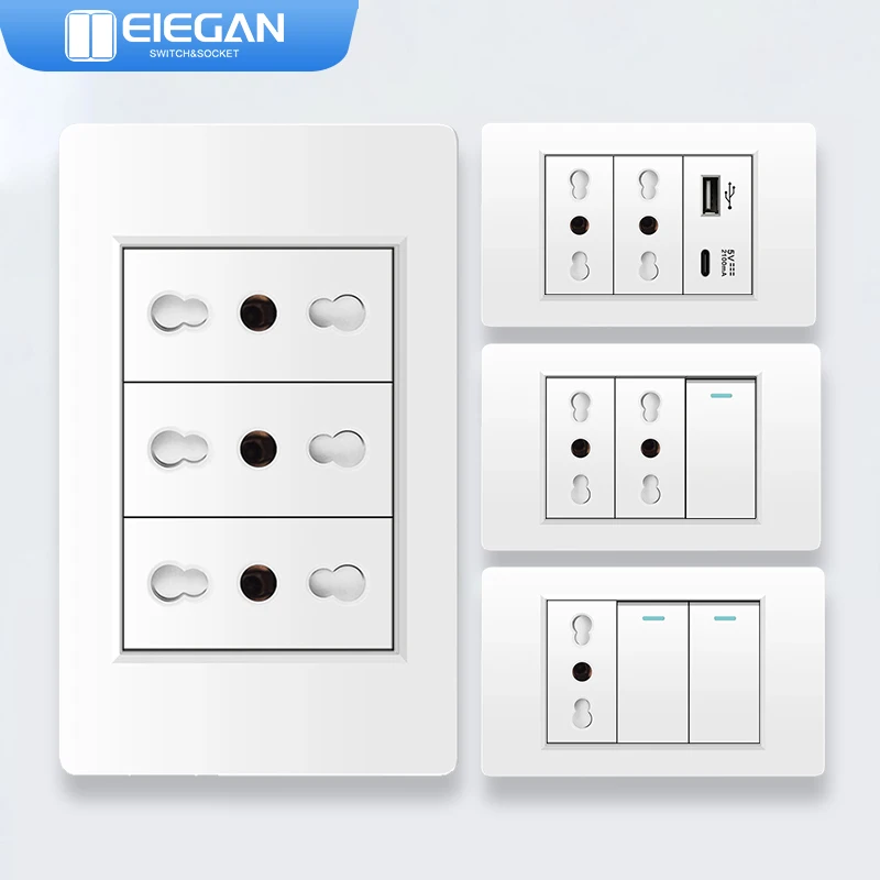 ELEGAN White Retardant PC Panel Italy Standard Type-C EU Outlet Plug Wall Socket Light Switch EU 1/2/3/4/5/6Gang Switch Home