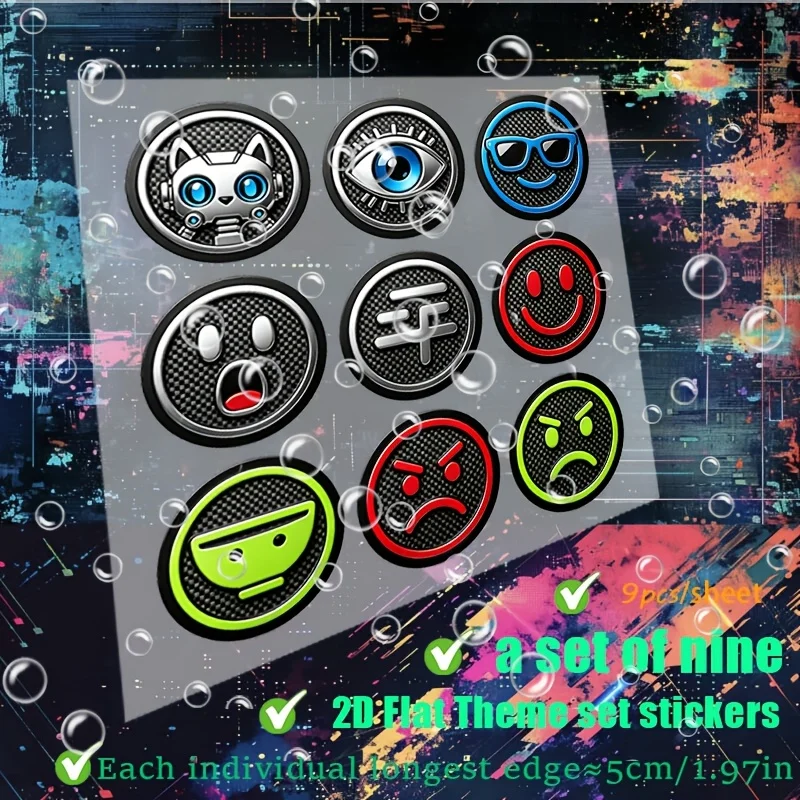 9Pcs 2D Flat Carbon Fiber Texture Emoji Waterproof Stickers Cat Eye Glasses Round Decals Holiday Gift For Car Laptop