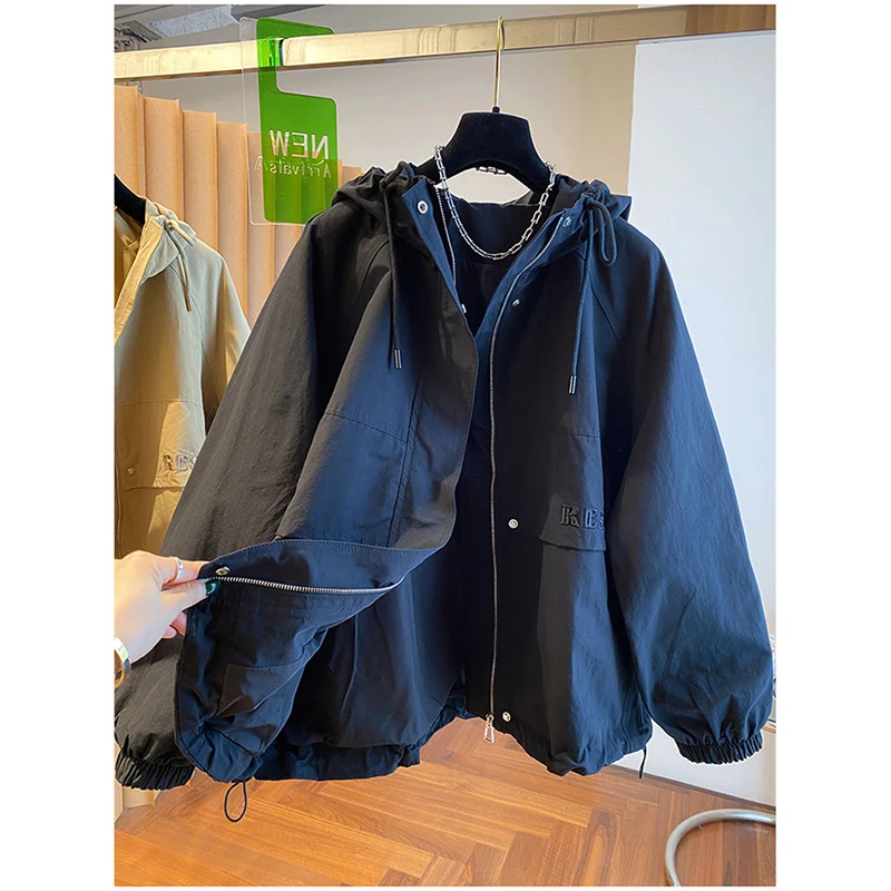 Autumn Cargo Jackets 2025 Women Fashion Loose Streetwear Hooded Zipper Windbreaker Bf Korean Solid Chic All-Match Crop Coats New