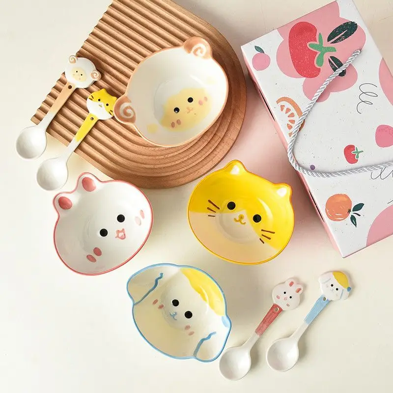 

4pc Ceramic Cartoon Animals Bowl Spoon Gift Box Underglaze Color Resistant High Temperature Hand-Painted Cat Kids Tableware