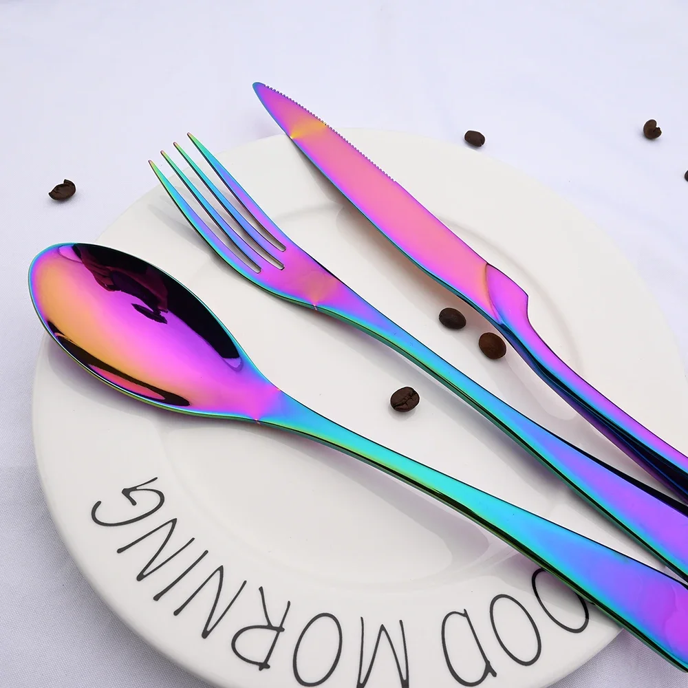 5Set Rainbow Cutlery Set Mirror Colorful Flatware Set Stainless Steel Dinnerware Kitchen Tableware Dinner Knife Spoon Fork Set