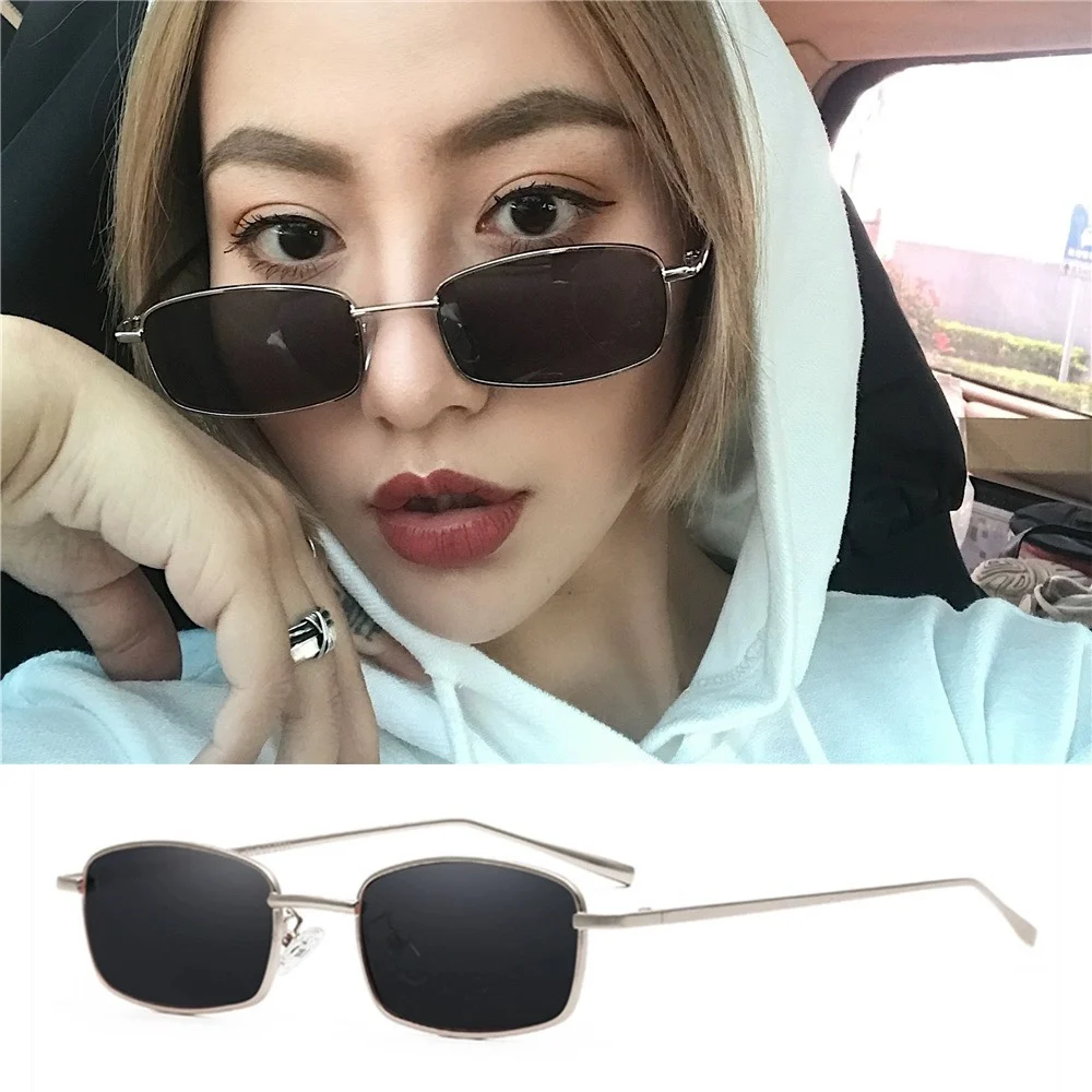 Retro Metal Narrow Frame Eyewear Square Sunglass Sun Protection Sunglasses Anti-UV Versatile Eye Protection Sunnies Eyeglasses