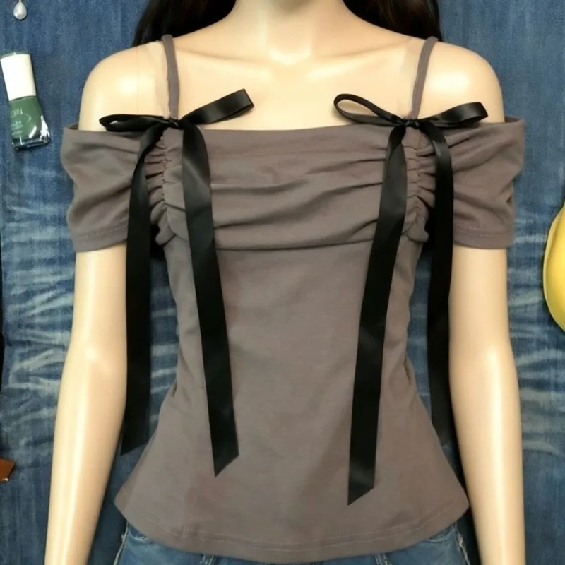 

Deeptown Vintage Black Bow T-Shirts Women Y2k Sweet Lace Up Off Shoulder American Style Tees Harajuku Slim Short Sleeve Hot Girl