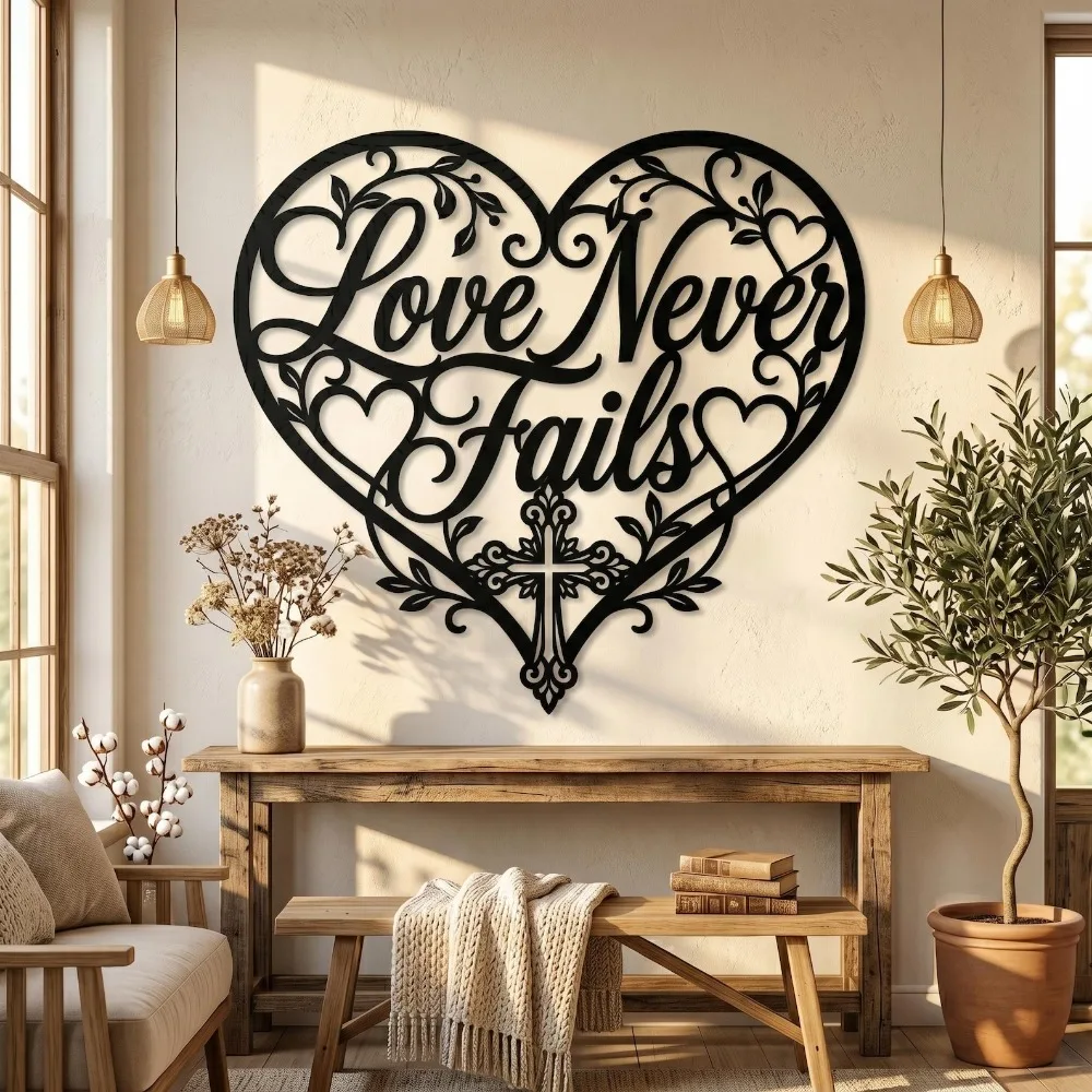 CIFBUY Christian Metal Wall Art Heart Shaped Cross Sign, Love Never Fails Religious Faith Hanging Decor Gift For Home