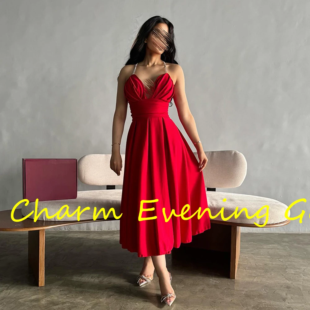 Customized Fashion A-Line Tea Length Strapless Spaghetti Straps Jersey Sleeveless Pleats Evening Dress Modern Photo Color Celebr