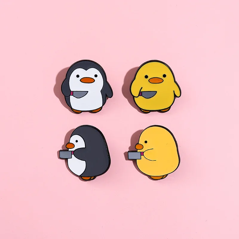 Cutie Killer Enamel Pins Chick Little Penguin Dagger Knife Brooches Lapel Badges Cartoon Fun Animal Jewelry Gift for Kids Friend