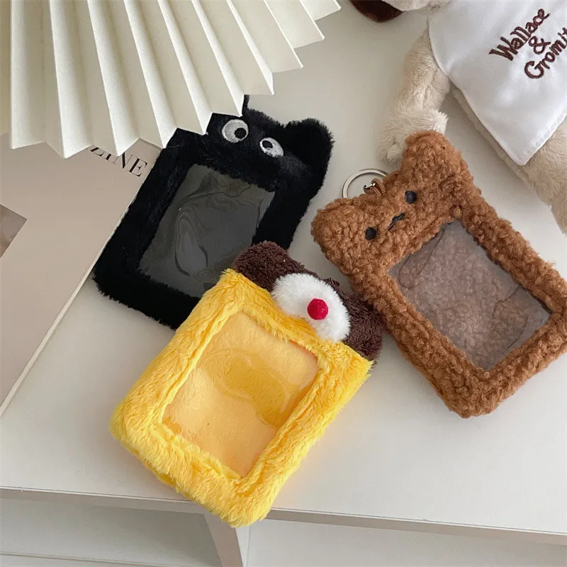 3 Inch Cute Cartoon Bear Rabbit Star Plush Photocard Holder Kpop Idol Photo Holder Girl Keychain ID Credit Protector Stationery